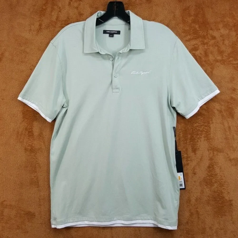 KARL LAGERFELD Polo Shirt Mens Small Light Green Contrast Trim Stretch Logo $119 - Picture 1 of 7